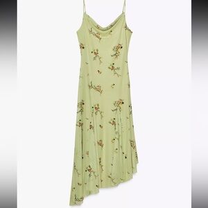 NWT ZARA Printed Tulle MIDI Dress green floral small